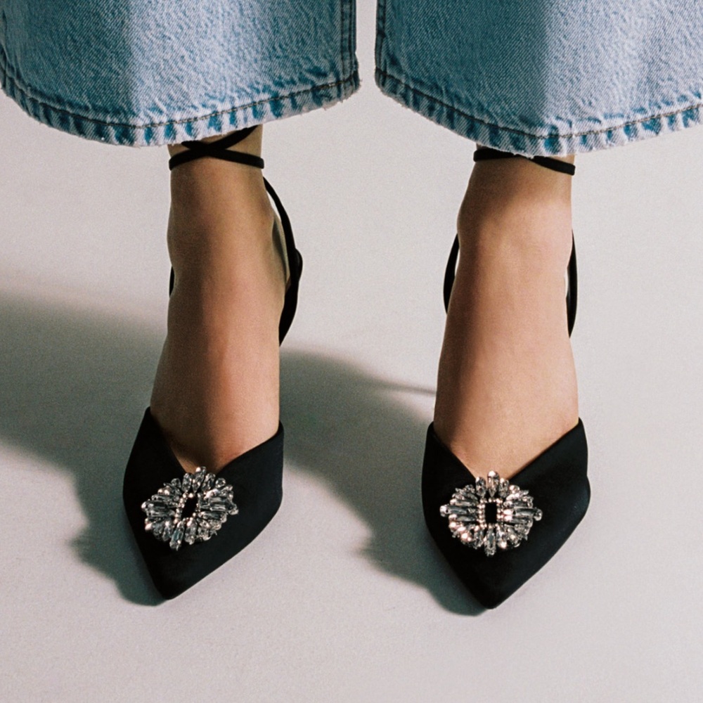 Zara Black Satin Pointed Slingback Heels with Crystal Brooch - Picture 5 of 16